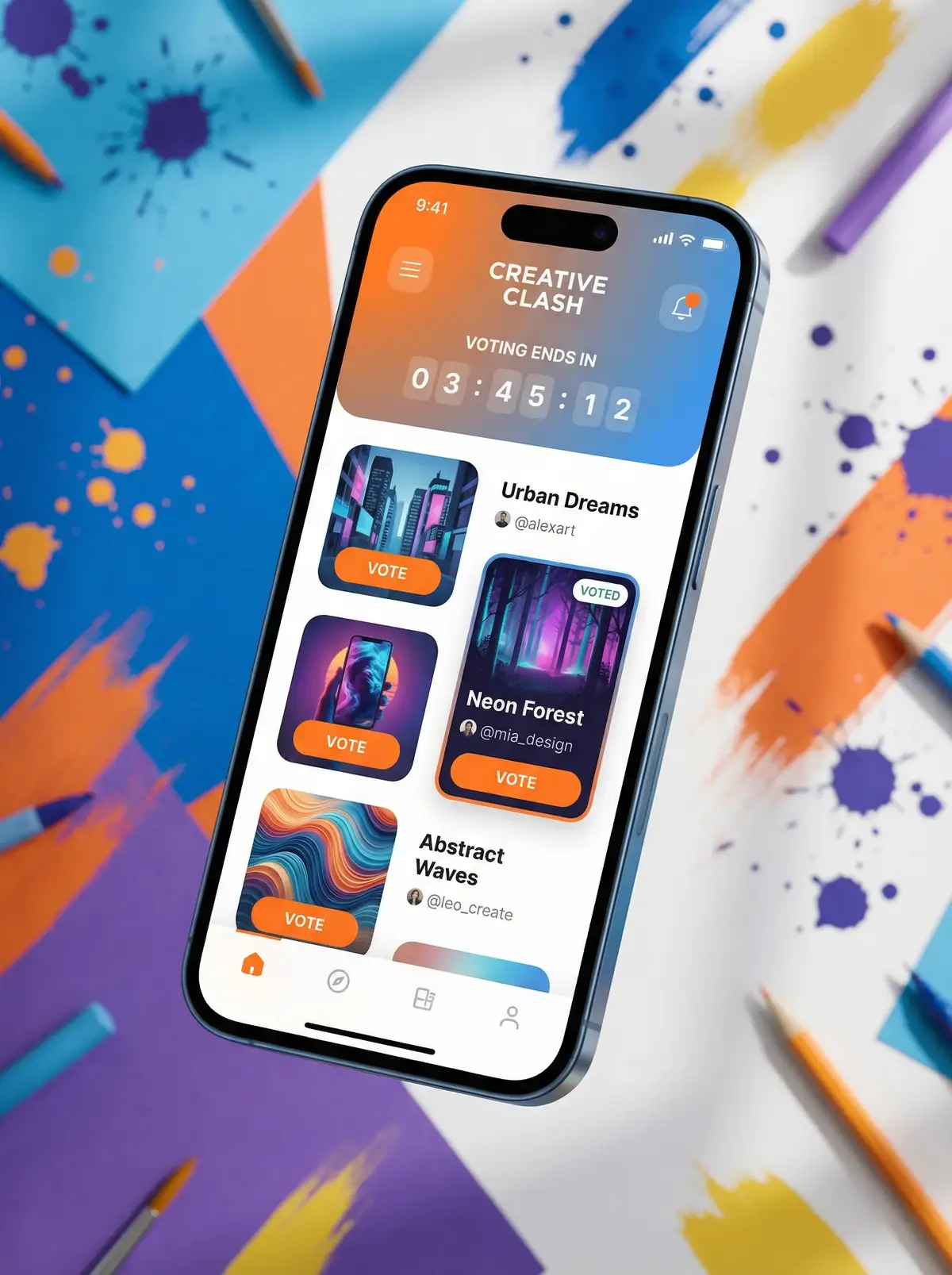每日大赛 yandex 移动端APP界面展示投票和作品浏览功能